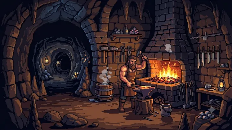 A blacksmith deep in an underground cave