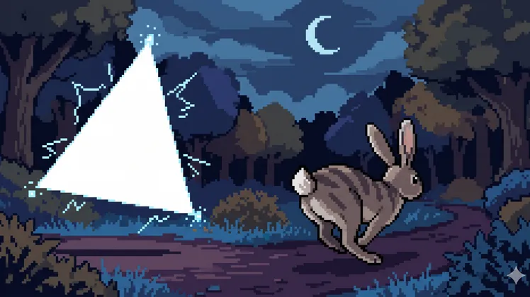 A rabbit running away from a white triangle